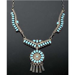 Signed Navajo Silver Petit Point Pendant Necklace