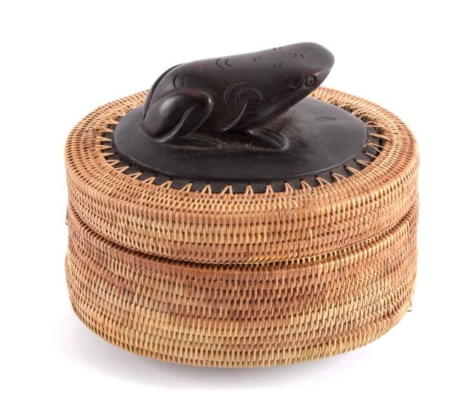Inuit Eskimo Frog Totem Pine Needle Basket
