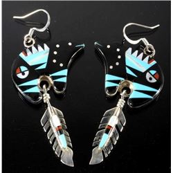 Signed Zuni Inlaid Mosaic Bear & Feather Earrings