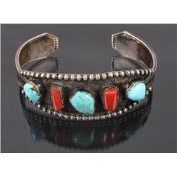 Navajo Sterling Silver Turquoise & Coral Bracelet
