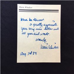 MARIE WINDSOR HAND WRITTEN AND SIGNED NOTE, ON HER OFFICIAL PERSONAL 5.5'' X 7.5'' LETTERHEAD,