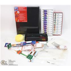 ARTIST LOT WITH CANVASES, PAINTS, BRUSHES AND MORE