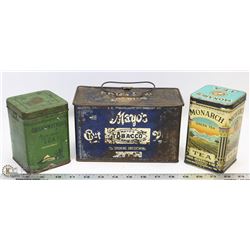 TWO TEA TINS & MAYOS CUT PUG TOBACCO TIN REG 1878