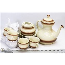 POTTERY TEA SET WITH POT, CUPS, SAUCERS AND SUGAR