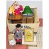 Image 1 : 2 PORCELAIN CLOWNS WITH SOLID WOOD DOLL DESK AND