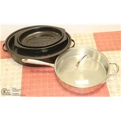 BOX OF COOK WARE INCLUDING ROASTER PANS AND MORE