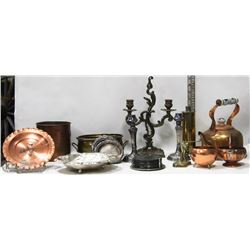 TOTE OF COPPER, BRASS & SILVER PLATED CANDLE