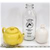 Image 1 : GLASS DAIRY BOTTLE WITH TEAPOT & DECORATIVE