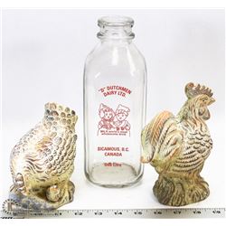 GLASS DAIRY BOTTLE WITH TERRACOTTA ROOSTER & HEN