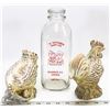 Image 1 : GLASS DAIRY BOTTLE WITH TERRACOTTA ROOSTER & HEN