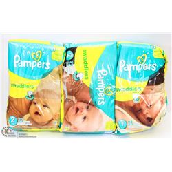 LOT OF 3 PAMPERS SWADDLERS SIZE 2 & 1 DIAPERS