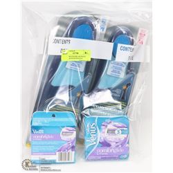 BAG OF DRUGSTORE ORTHOTIC INSOLES & RAZOR REFILLS