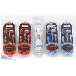 LOT OF 5 NEW STEREO EARBUDS MISC.
