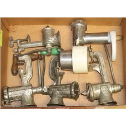 5 VINTAGE MEAT GRINDERS.