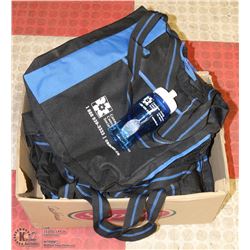 BOX OF NEW CROSS CANCER TOTE BAGS AND WATER