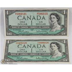 TWO 1954 CANADIAN $1 BANK NOTES