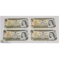 FOUR 1973 UNCIRCULATED CANADIAN $1 BANK NOTES