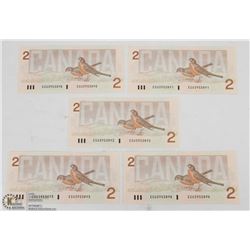 FIVE 1986 CANADIAN UNCIRCULATED SEQUENTIAL $2 BANK