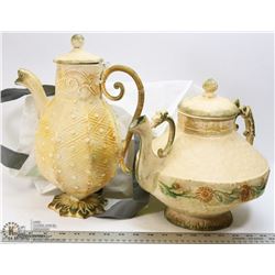 2 LARGE METAL TEAPOT DECORATIONS.