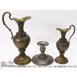 PAIR OF 2 ORNATE BRASS PITCHERS & CANDLE HOLDER.