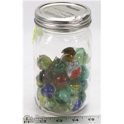 KERR MASON JAR FILLED WITH MARBLES.