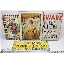LOT OF 4 METAL SIGNS.