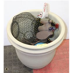 2 LARGE PLANTERS FULL OF GARDEN DECOR