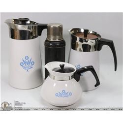 7) LOT OF CORNINGWARE COFFEE/TEA POTS AND STANLEY