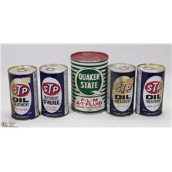 FOUR FULL STP 15OZ OIL CANS & QUARTZ QUAKER