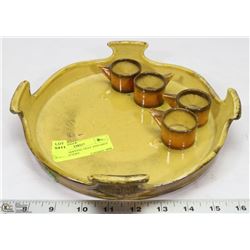 ANTIQUE SERVING TRAY AND SHOT GLASS POTTERY