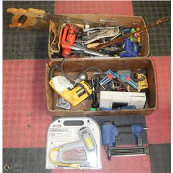 2 BOXES OF ASSORTED TOOLS , SAWS, DRILLS AND MORE