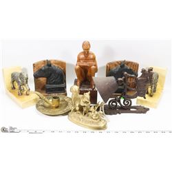 BOX WITH COLLECTIBLES INCL PAIR OF BRONZE & MARBLE