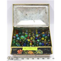OLD TIN BOX OF MARBLES.