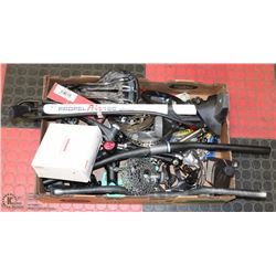 LARGE FLAT WITH BIKE PARTS (SOME NEW) & TOOLS