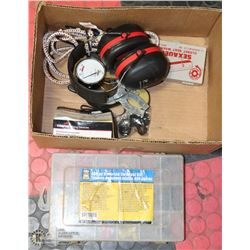 BOX OF TOOLS & ACCESSORIES - PELTOR TWIN CUP EAR