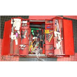 RED TOOL BOX WITH ASSORTED TOOLS INSIDE