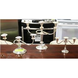 3 VINTAGE STYLE SILVERPLATE CANDELABRAS.
