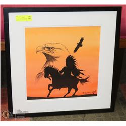 FRAMED MATTED NATIVE ART OF EAGLE AND CHIEFTAN ON