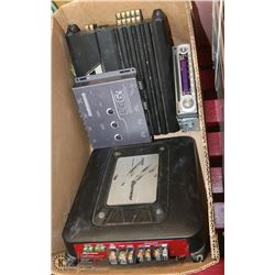 BOX OF CAR AUDIO INCL 2 AMPLIFIERS.