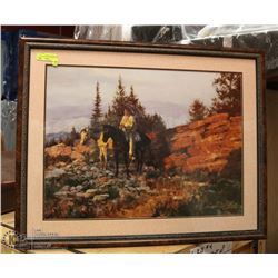 LARGE FRAMED MATTED NATIVE HUNTER ON A HORSE.