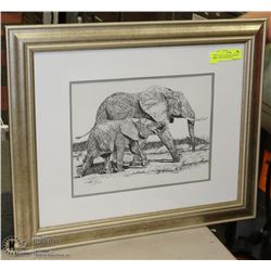 LARGE GOLD FRAMED ELEPHANT DRAWING SIGNED 20X24.