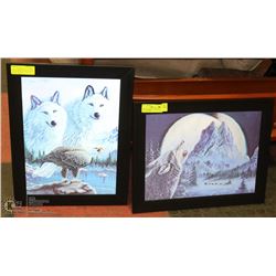 PAIR OF FRAMED 3D PICTURES OF WOLF & DOGSLED