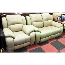 BEIGE LEATHER RECLINING 63" LOVE SEAT WITH 38"