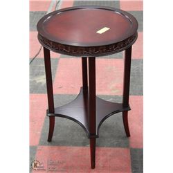 2 TIER CHERRY CARVED WOOD END TABLE.