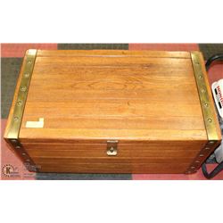 WOOD STORAGE CHEST WITH BRASS ACCENTS 32X18X17