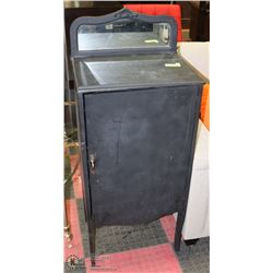 VINTAGE BLACK CABINET FOR HOLDING LPS WITH MIRROR.