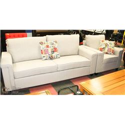 NEW GRAY FABRIC SOFA WITH CHAIR AND ACCENT CUSHION