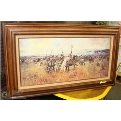 FRAMED NATIVE ARTWORK DEPICTING A HUNT.