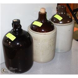 VINTAGE BROWN WINE JUG & 2 MOONSHINE JUGS -