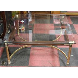 ESTATE BRASS, WOOD AND GLASS COFFEE TABLE